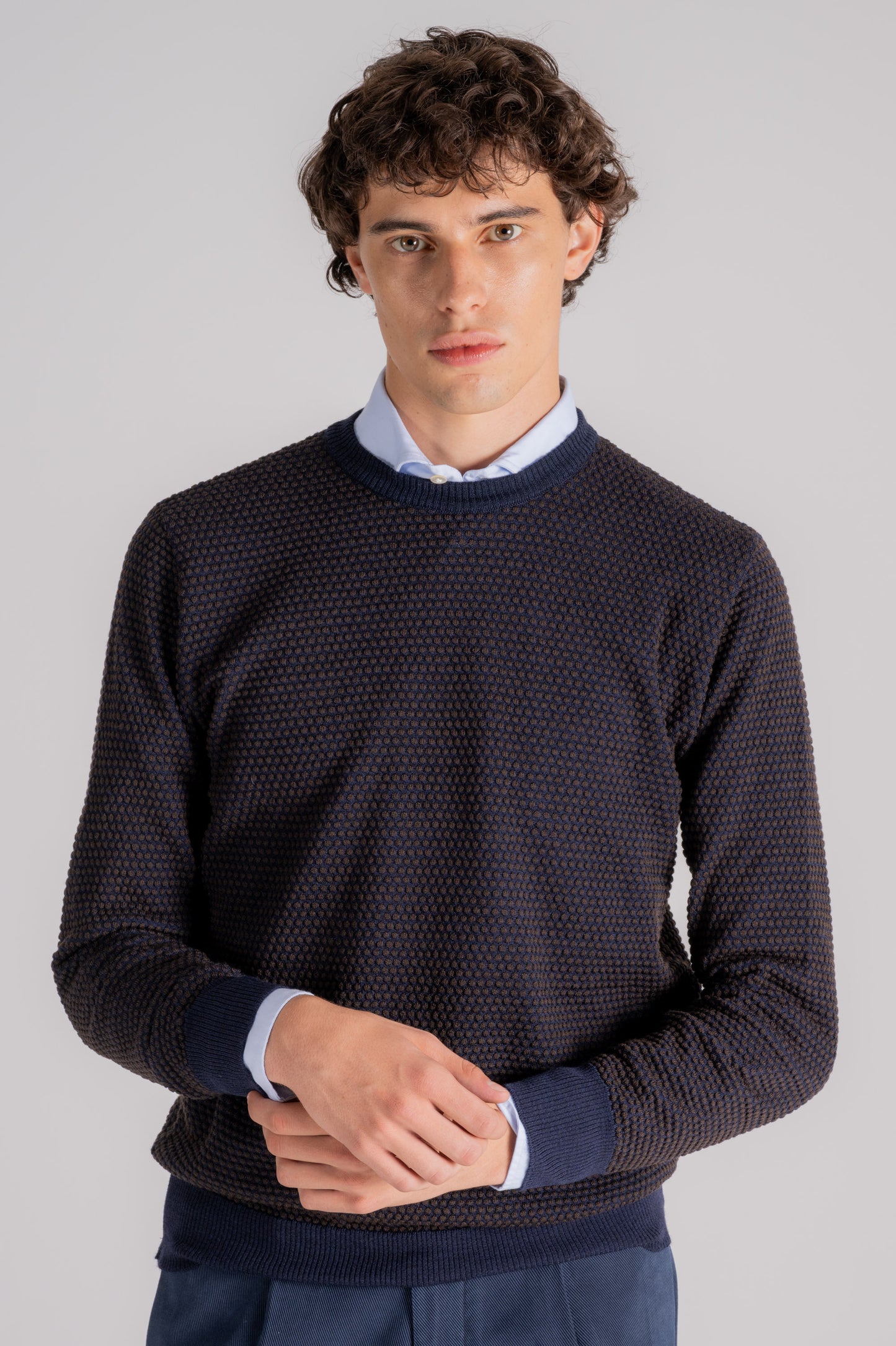  Grp Firenze Merino Wool Crew Neck Sweater Blue Blu Uomo - 1