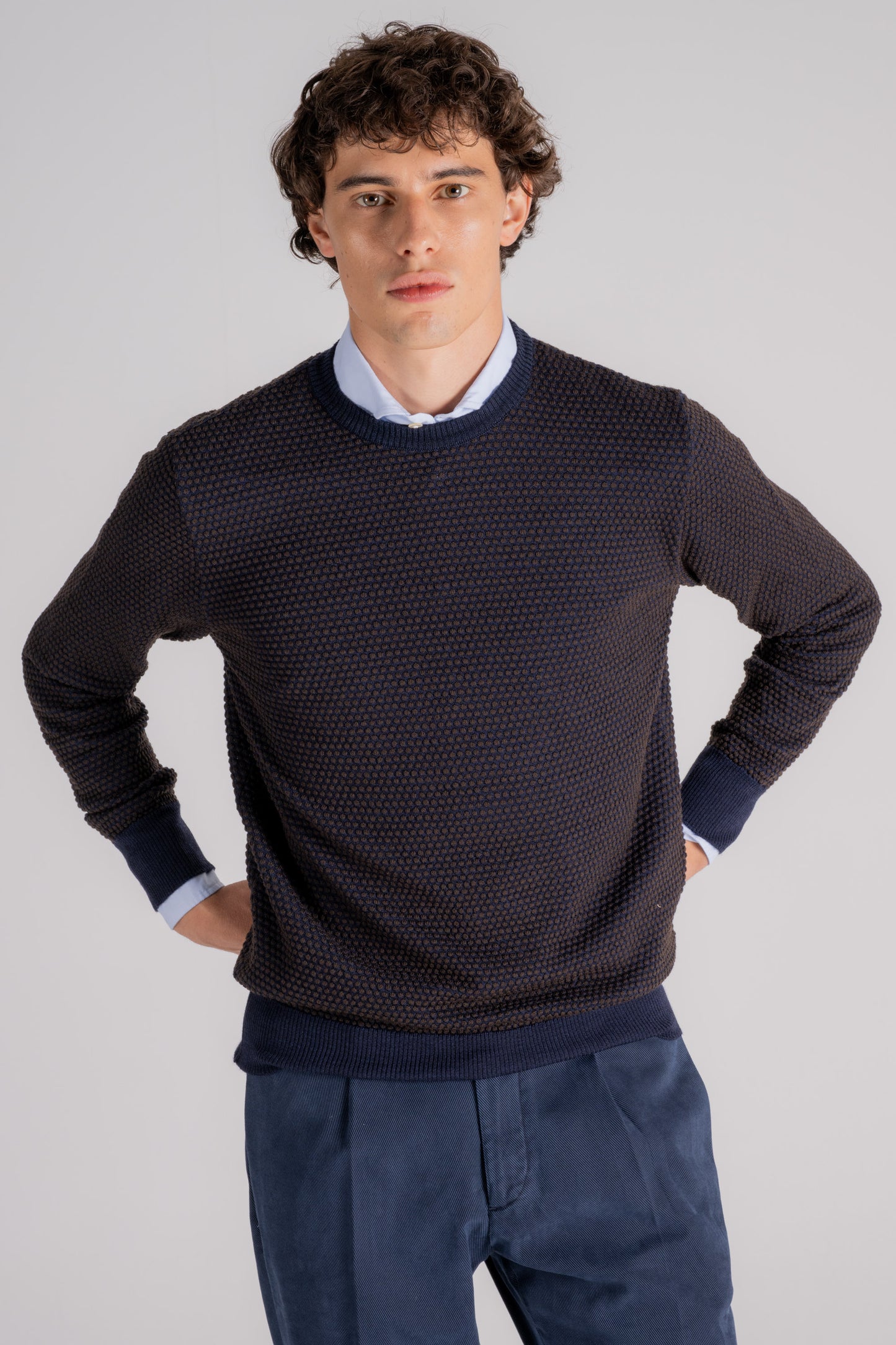  Grp Firenze Merino Wool Crew Neck Sweater Blue Blu Uomo - 2