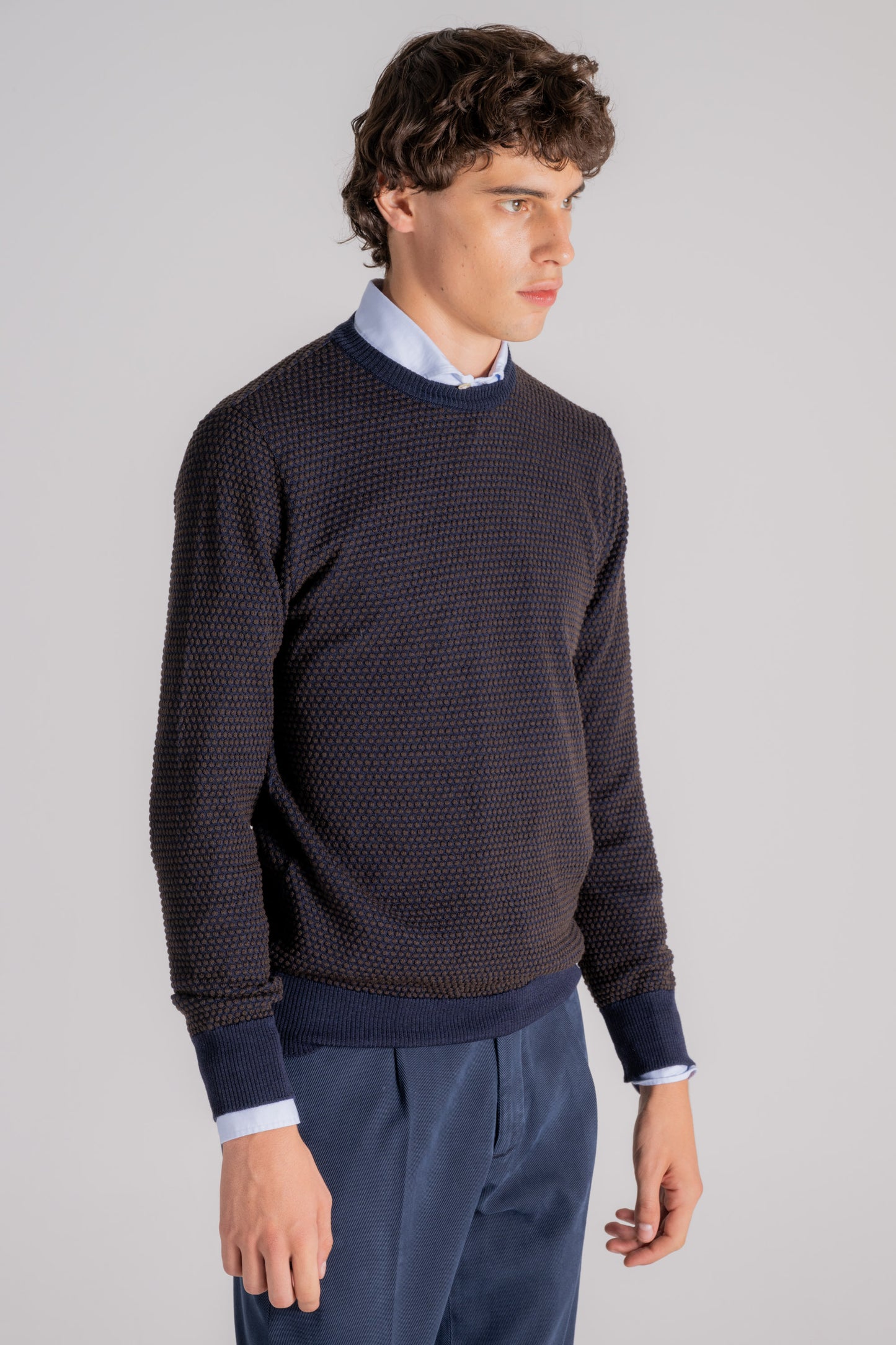  Grp Firenze Merino Wool Crew Neck Sweater Blue Blu Uomo - 3