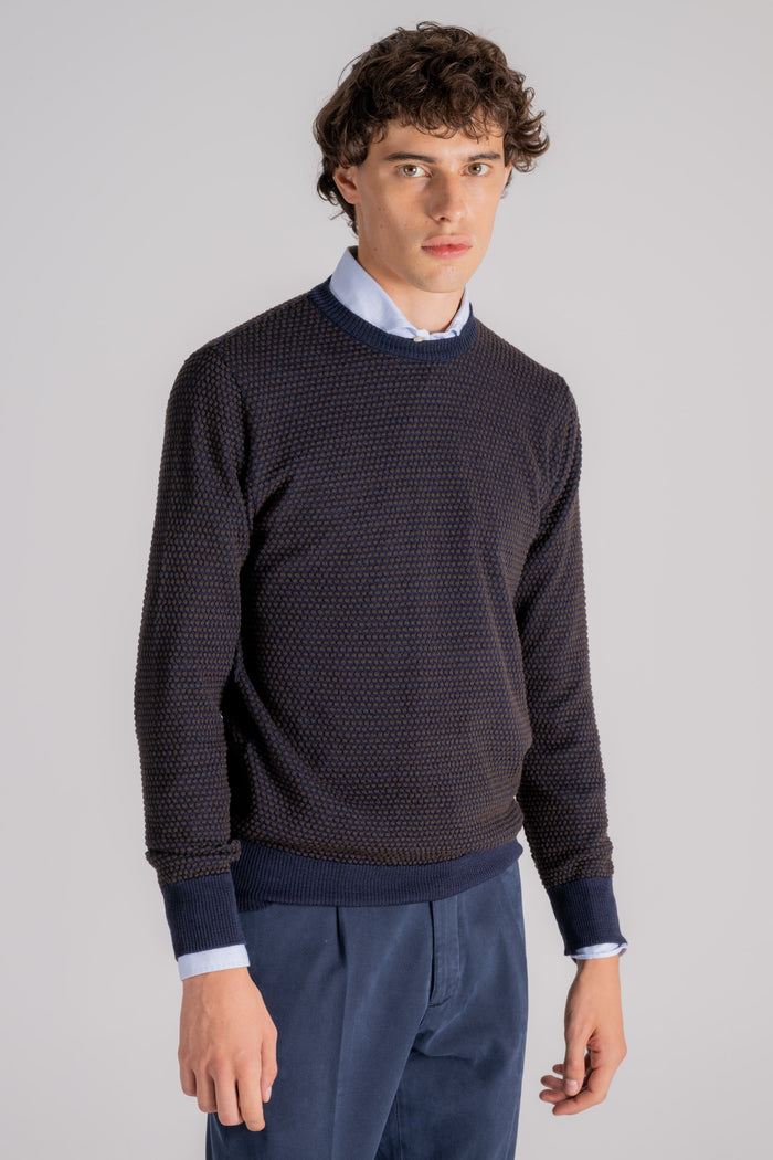  Grp Firenze Merino Wool Crew Neck Sweater Blue Blu Uomo - 4