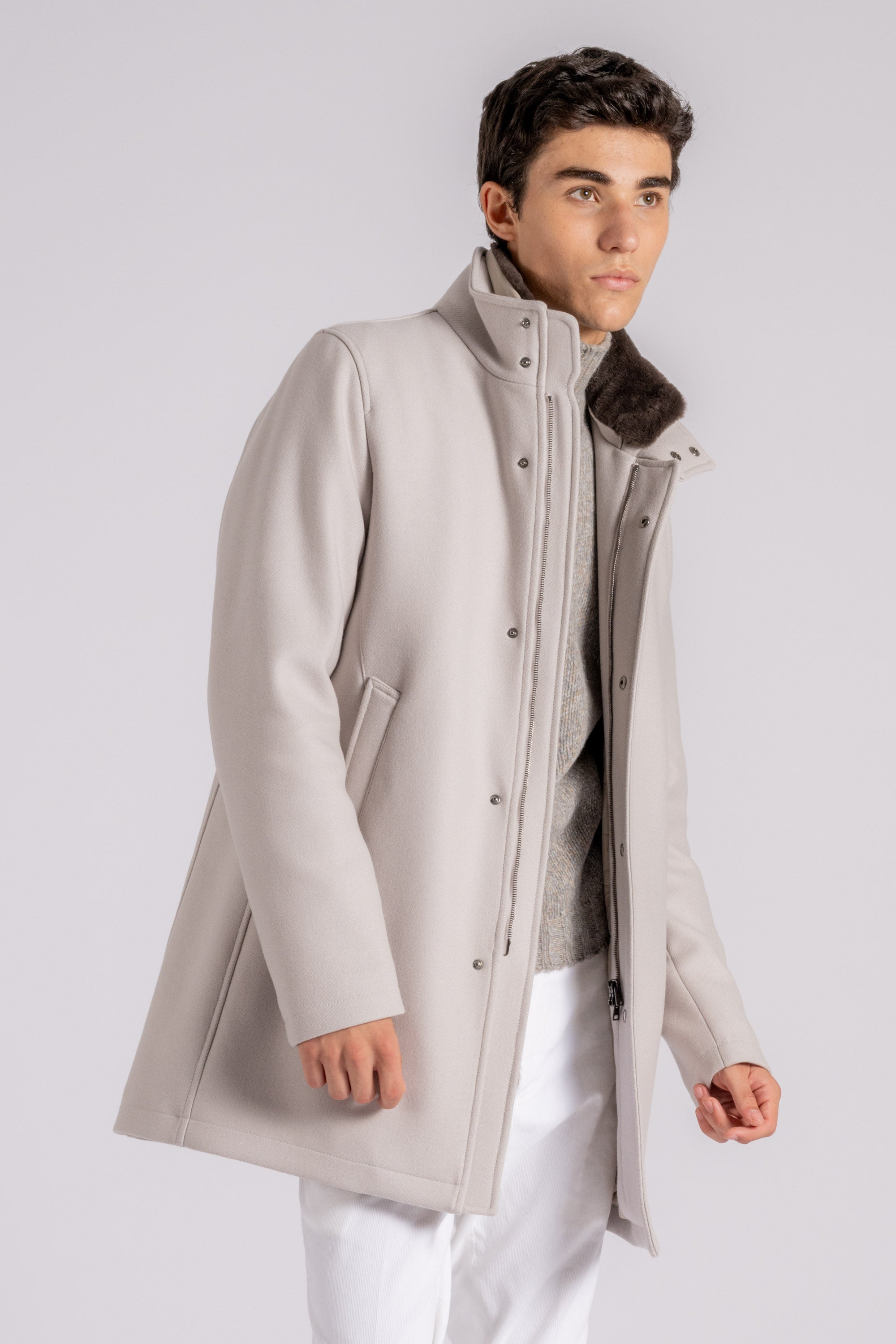 Herno Padded Carcoat With Faux Fur Collar Wool polyamide White Bianco 1985 Uomo Modamica