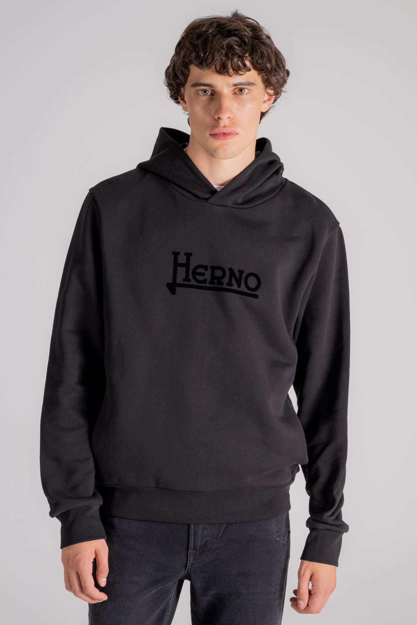  Herno Hoodie Logo Sweatshirt 100% Cotton Black Nero Uomo - 1