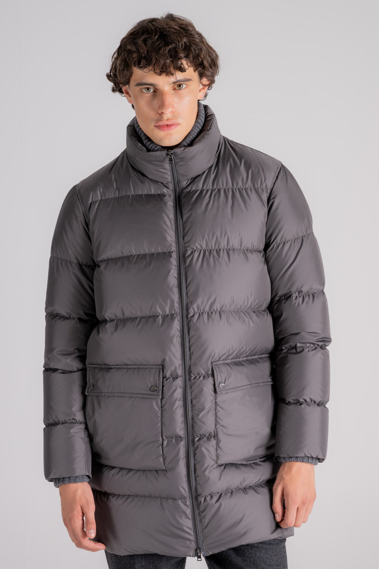  Herno Medium-length Padded Jacket With High Neck In Grey Polyamide Grigio Uomo - 1