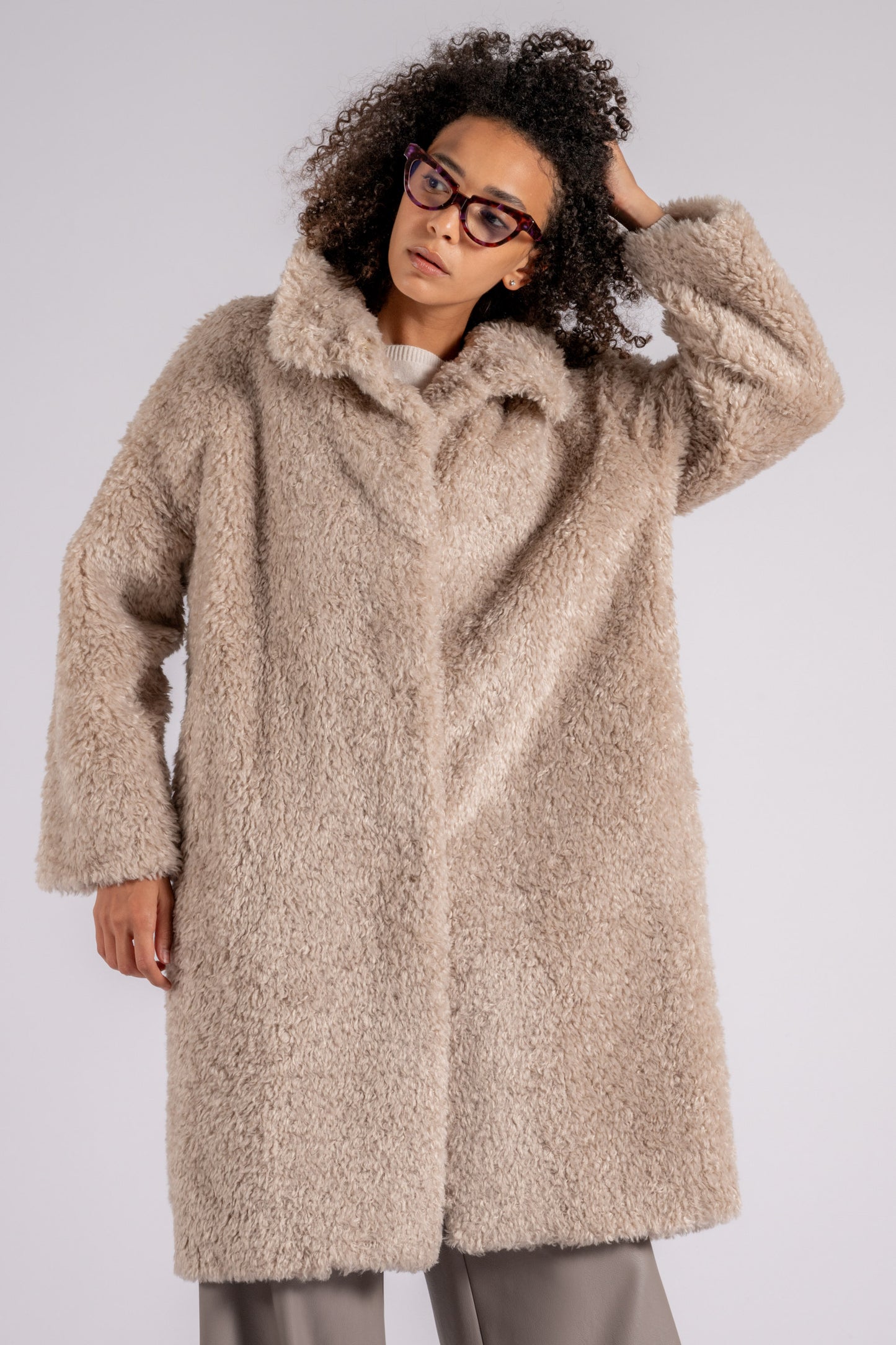  Herno White Polyester Curly Faux Fur Coat Beige Donna - 3