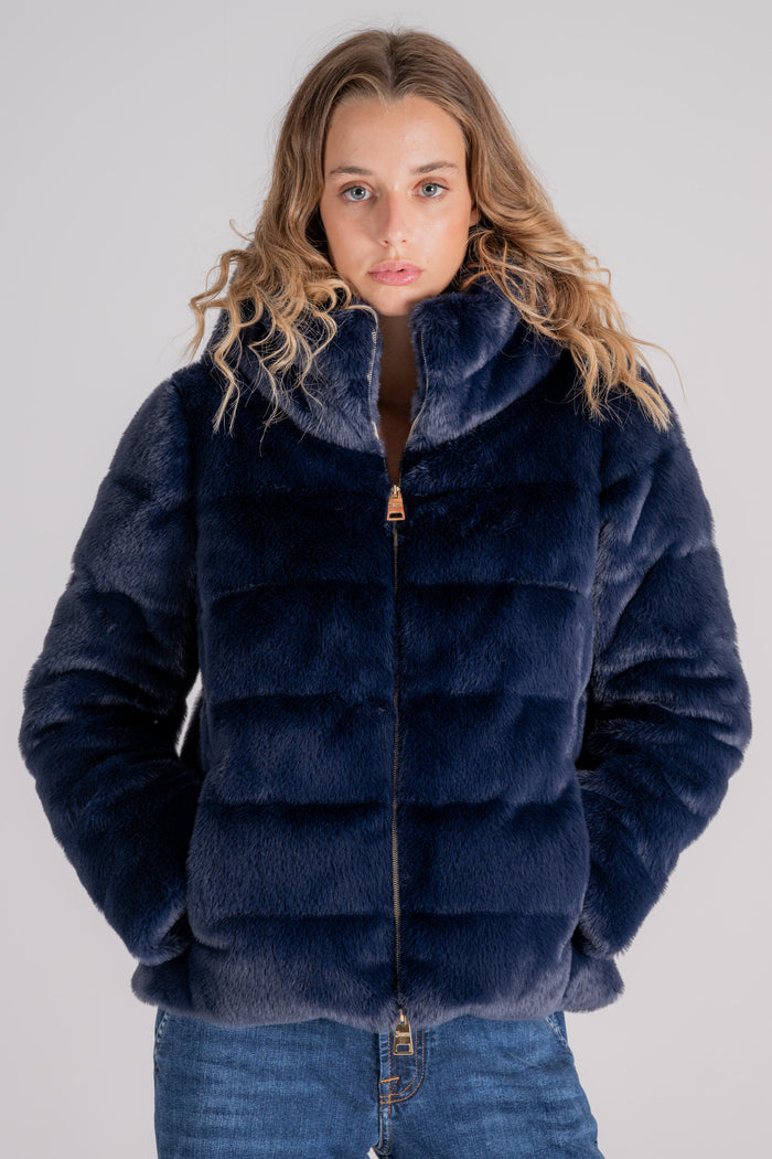 Herno Down Cape in Blue Faux Fur