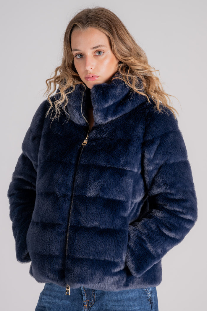 Herno Down Cape in Blue Faux Fur-2