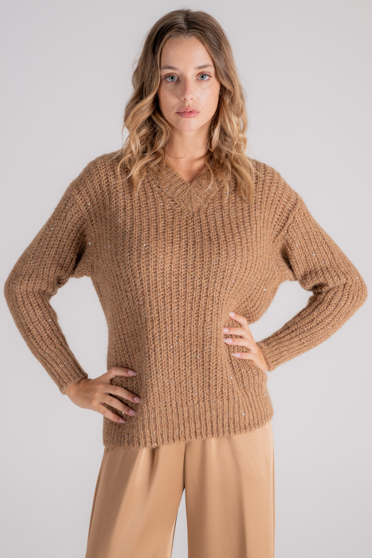  Herno V-neck Sequin Rib Stitch Polyester/polyamide/alpaca Brown Sweater Marrone Donna - 1