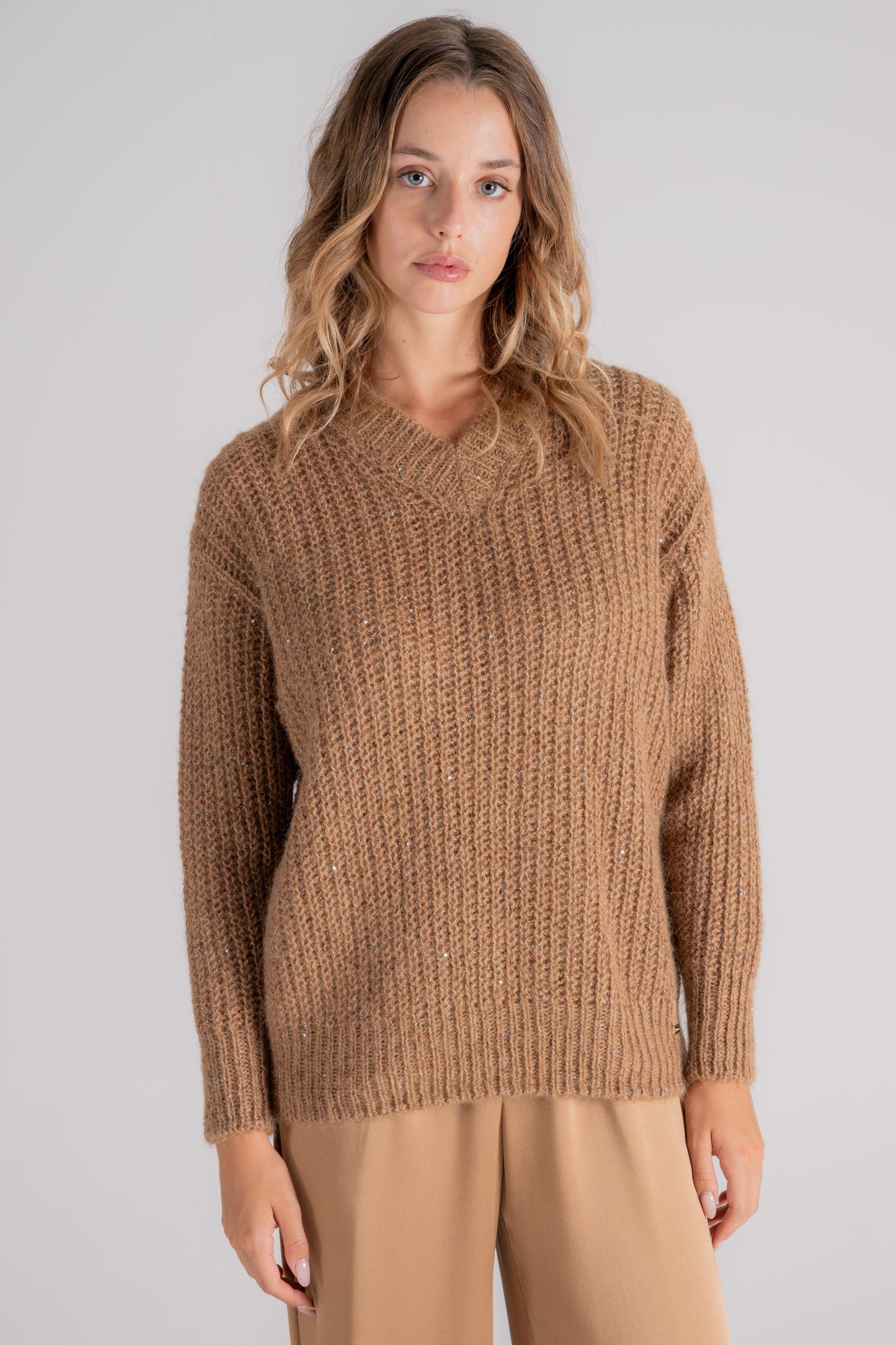  Herno V-neck Sequin Rib Stitch Polyester/polyamide/alpaca Brown Sweater Marrone Donna - 2