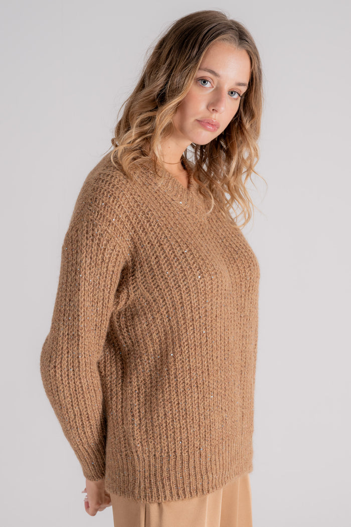  Herno V-neck Sequin Rib Stitch Polyester/polyamide/alpaca Brown Sweater Marrone Donna - 4