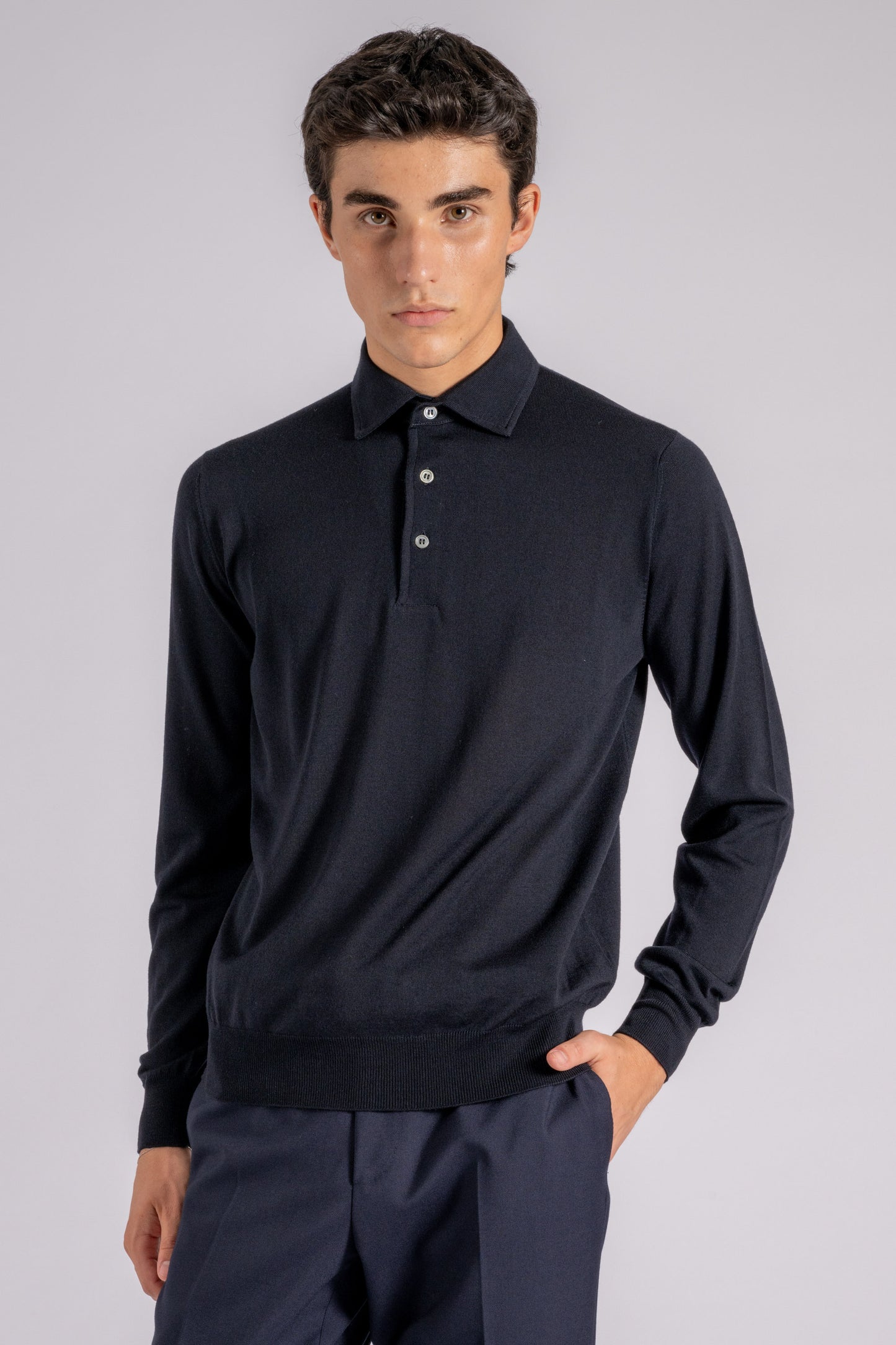  Filippo De Laurentiis Long Sleeve Polo With Paramontura In Superfine Merino Wool Blue Blu Uomo - 1