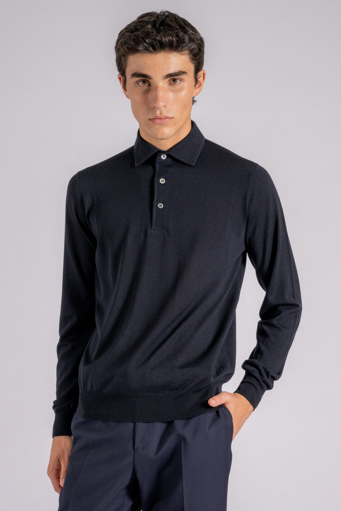 Filippo De Laurentiis Long Sleeve Polo with Paramontura in Superfine Merino Wool Blue