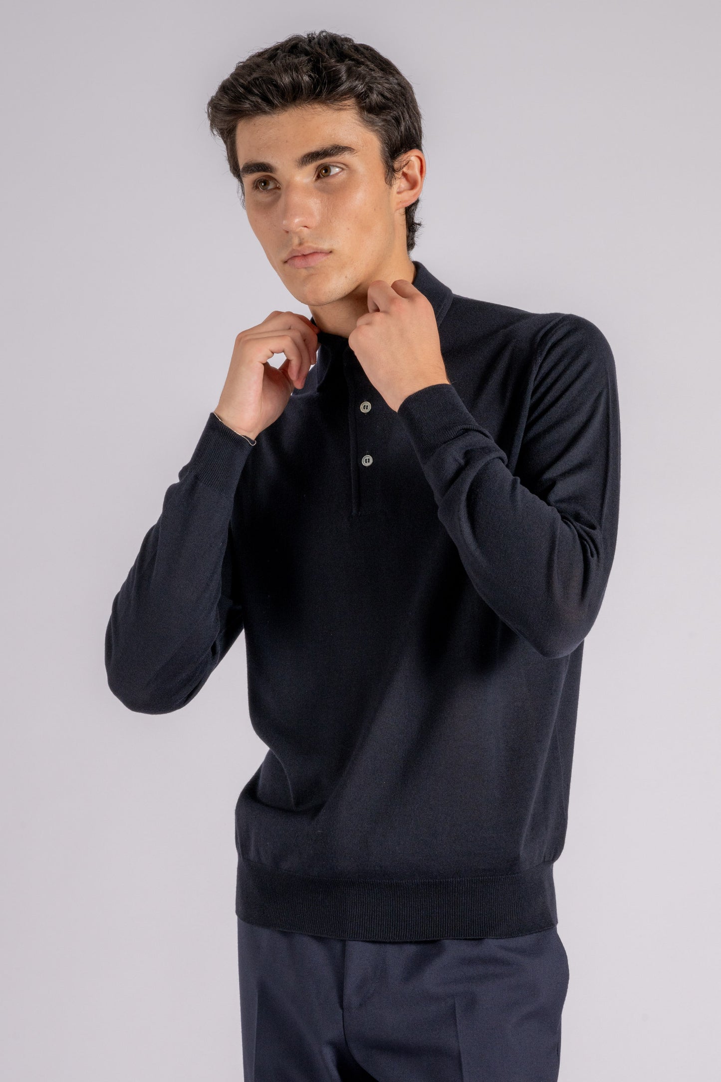  Filippo De Laurentiis Long Sleeve Polo With Paramontura In Superfine Merino Wool Blue Blu Uomo - 2