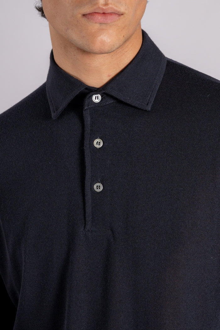  Filippo De Laurentiis Long Sleeve Polo With Paramontura In Superfine Merino Wool Blue Blu Uomo - 3