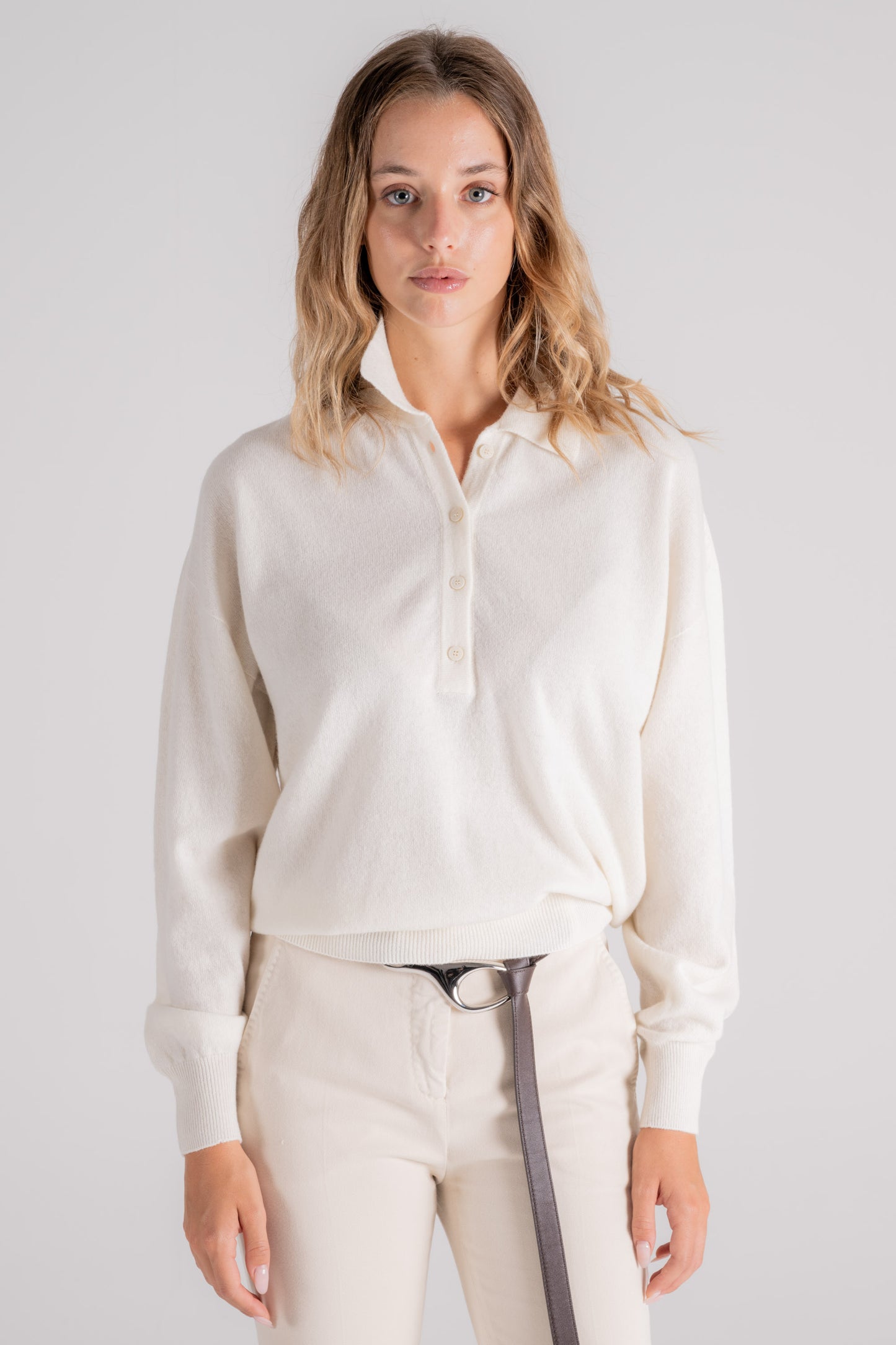  Zanone Virgin Wool/cashmere Beige Polo Sweater Bianco Donna - 1