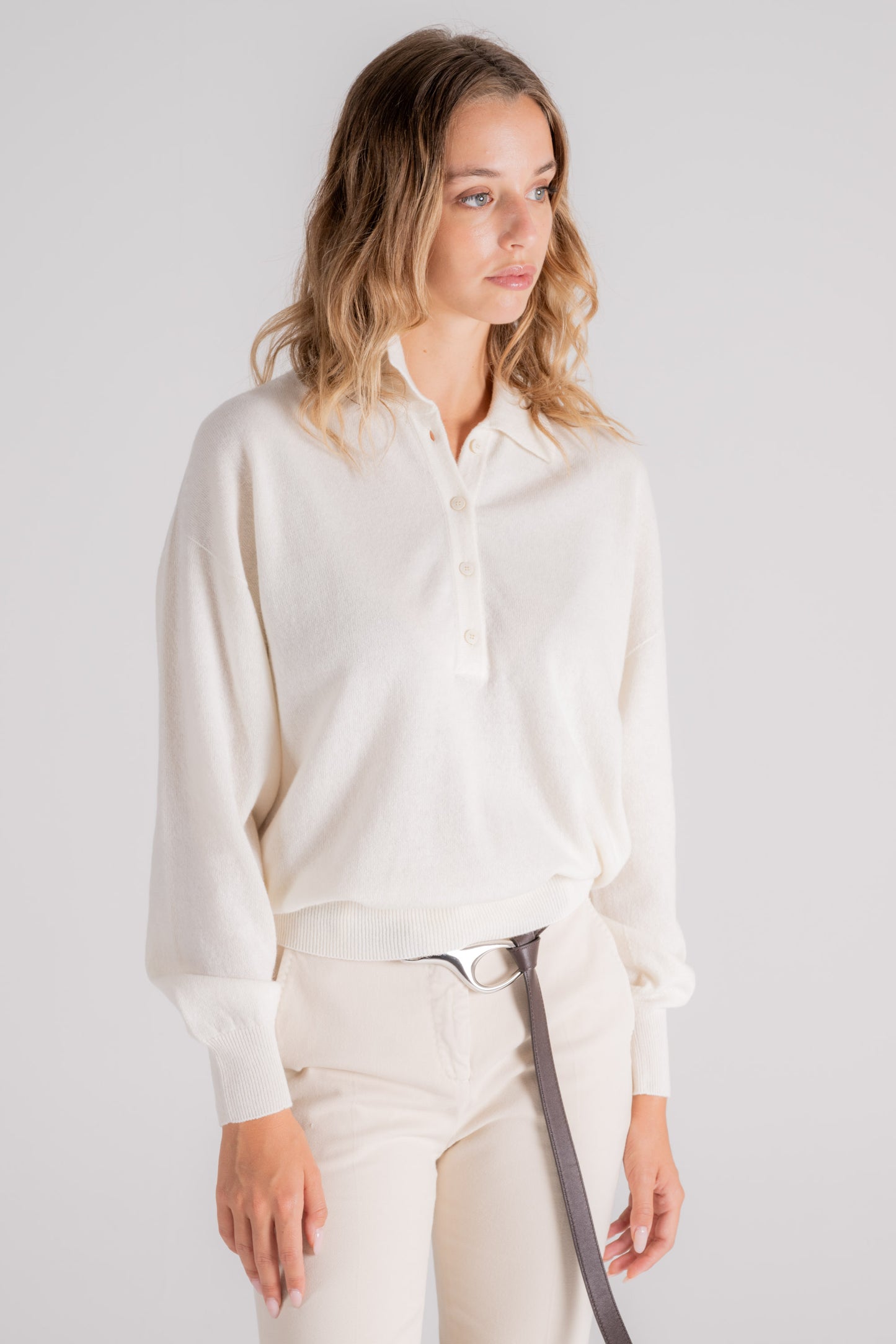  Zanone Virgin Wool/cashmere Beige Polo Sweater Bianco Donna - 2