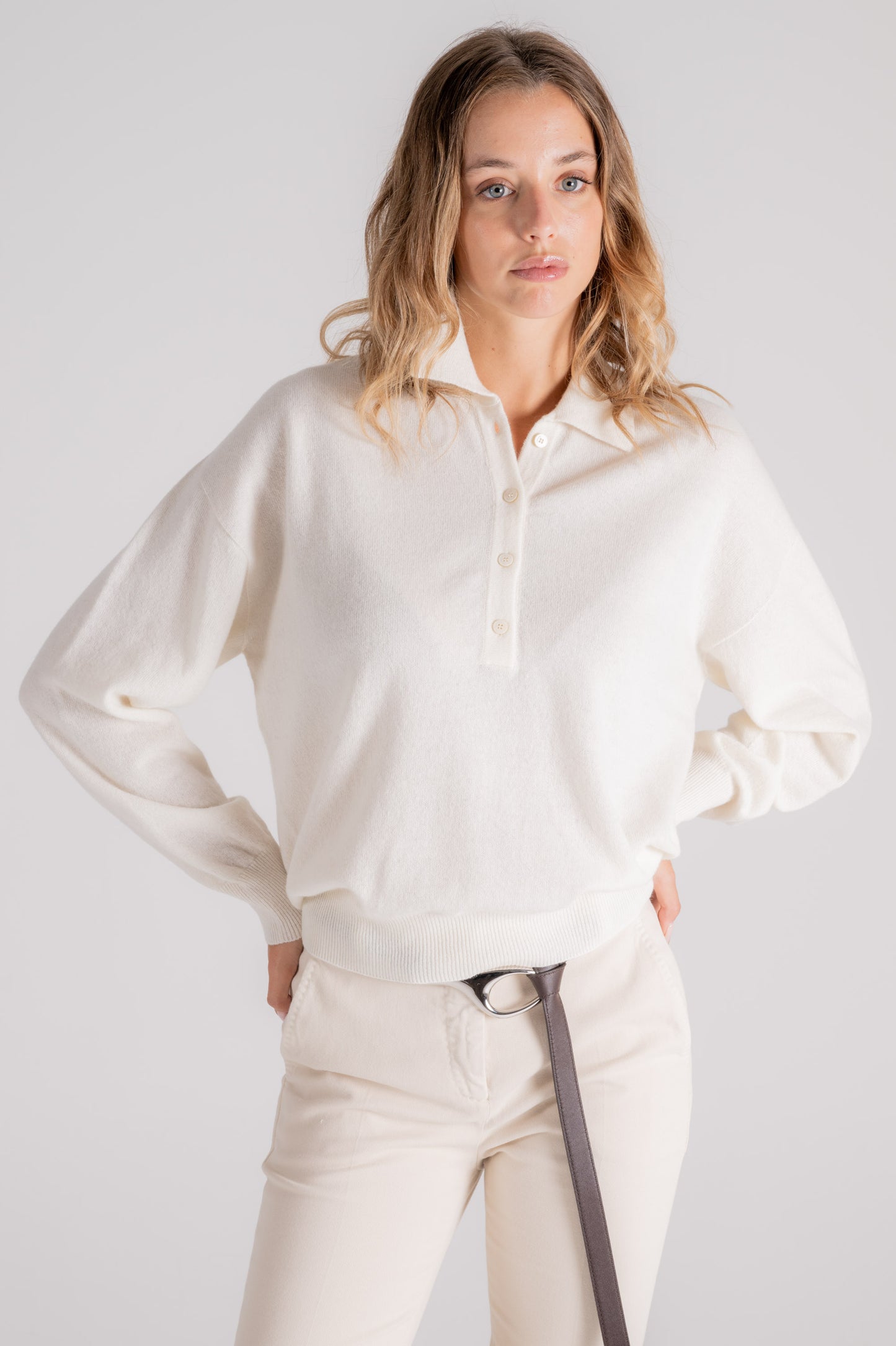  Zanone Virgin Wool/cashmere Beige Polo Sweater Bianco Donna - 4