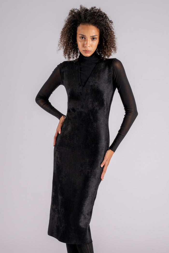 D.exterior Velvet/Mesh Sheath Dress V-Neck Black