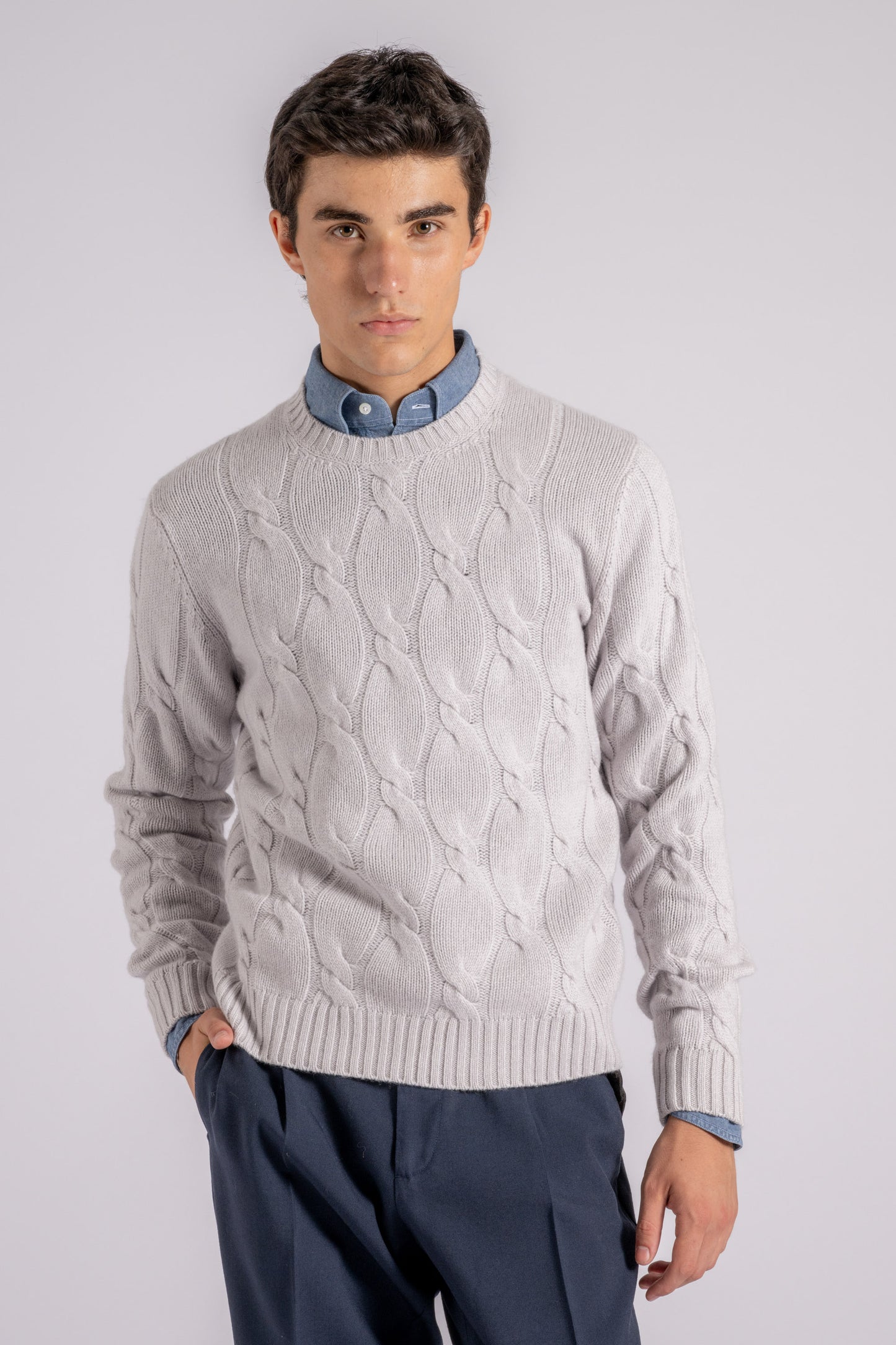  Mauro Ottaviani Crewneck Soft Cable Knit Wool/cashmere Grey Grigio Uomo - 1