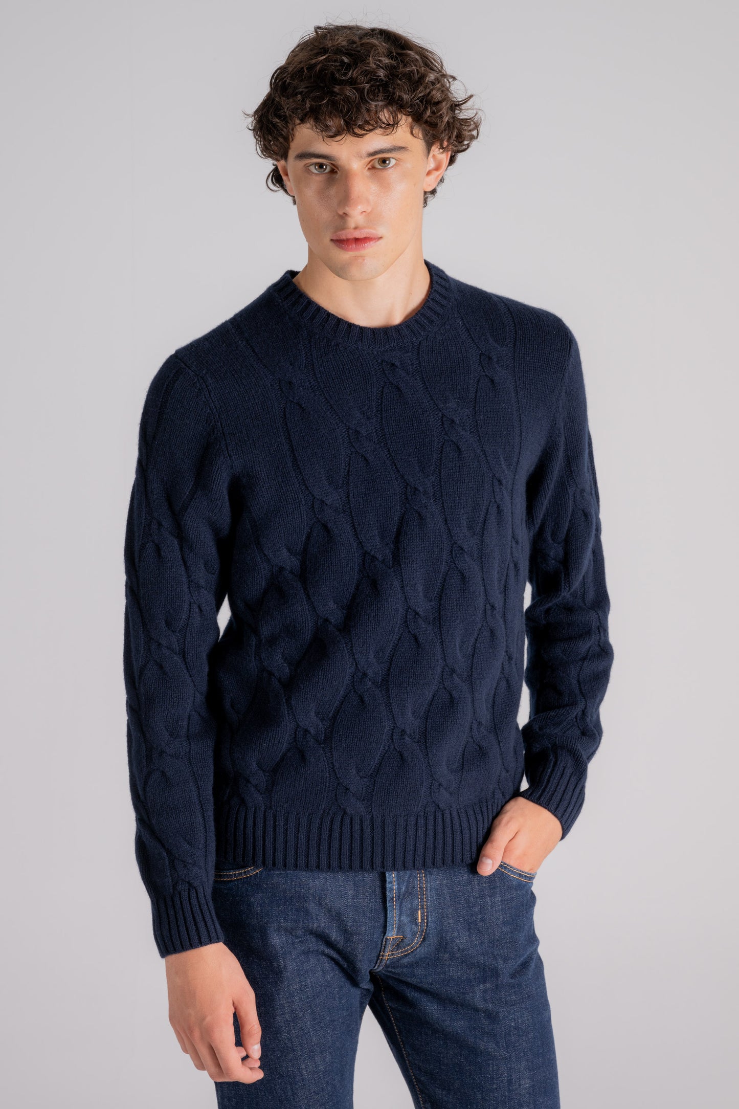  Mauro Ottaviani Crew Neck Soft Cable Knit In Wool/cashmere Blue Blu Uomo - 1