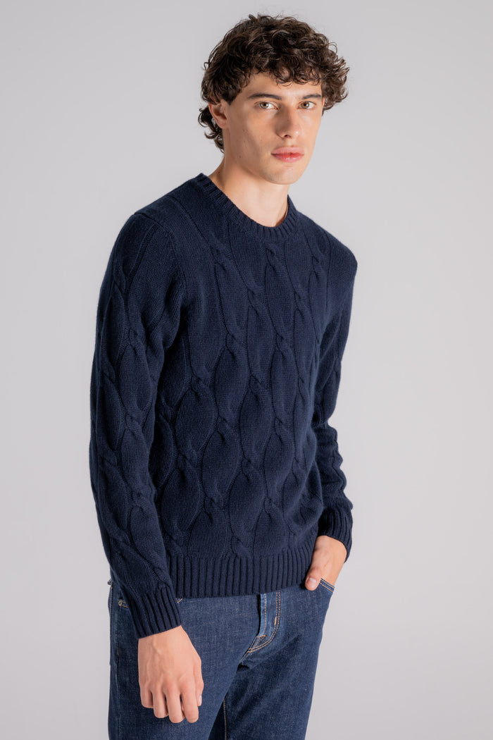  Mauro Ottaviani Crew Neck Soft Cable Knit In Wool/cashmere Blue Blu Uomo - 3