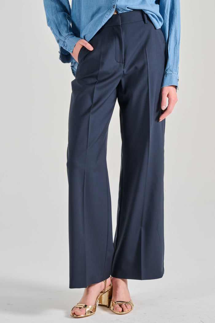 Max Mara Weekend Pantalone In Lana Vergine Blu Donna