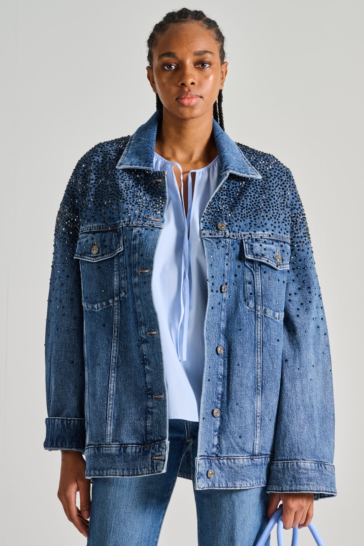  7 For All Mankind Oli Trucker Jacket Candy Faded Crystals Blue Blu Donna - 1