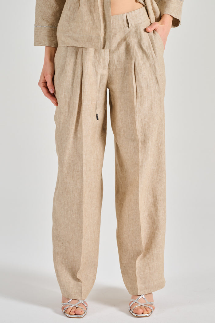 Peserico Pantalone Tela Di Lino Effetto Delavè Beige Donna