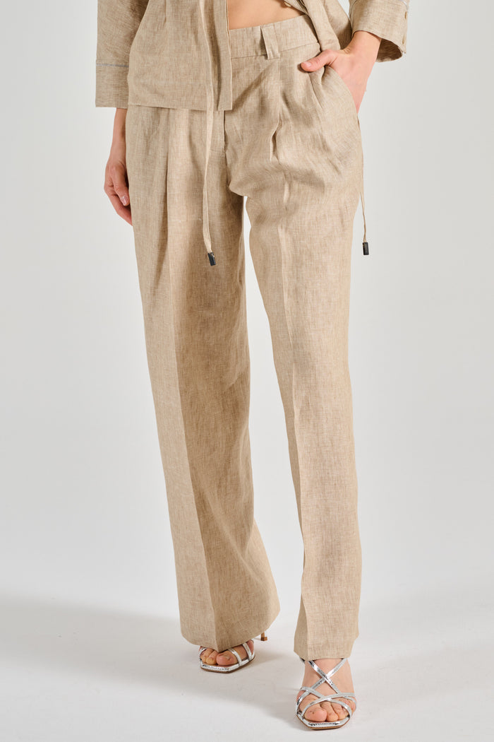 Peserico Pantalone Tela Di Lino Effetto Delavè Beige Donna-2