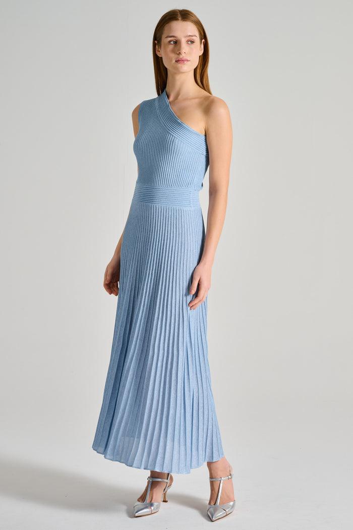 d.exterior One-Shoulder Pleated Dress Blue Fabric