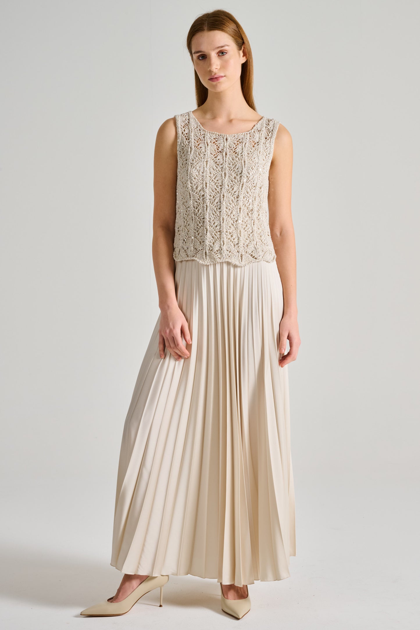  D.exterior Lace Dress With Crystal Pleats In Beige Beige Donna - 1