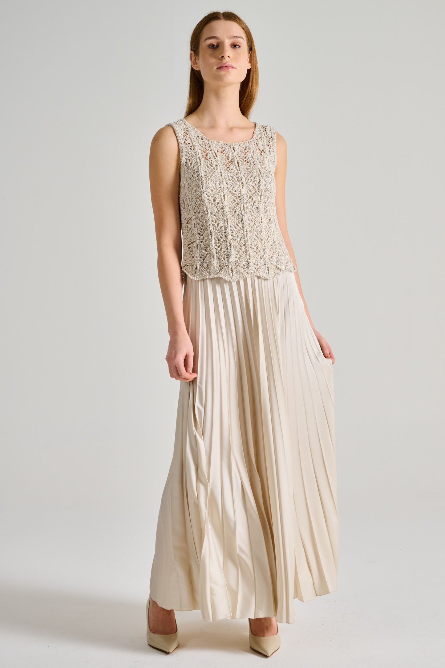  D.exterior Lace Dress With Crystal Pleats In Beige Beige Donna - 2