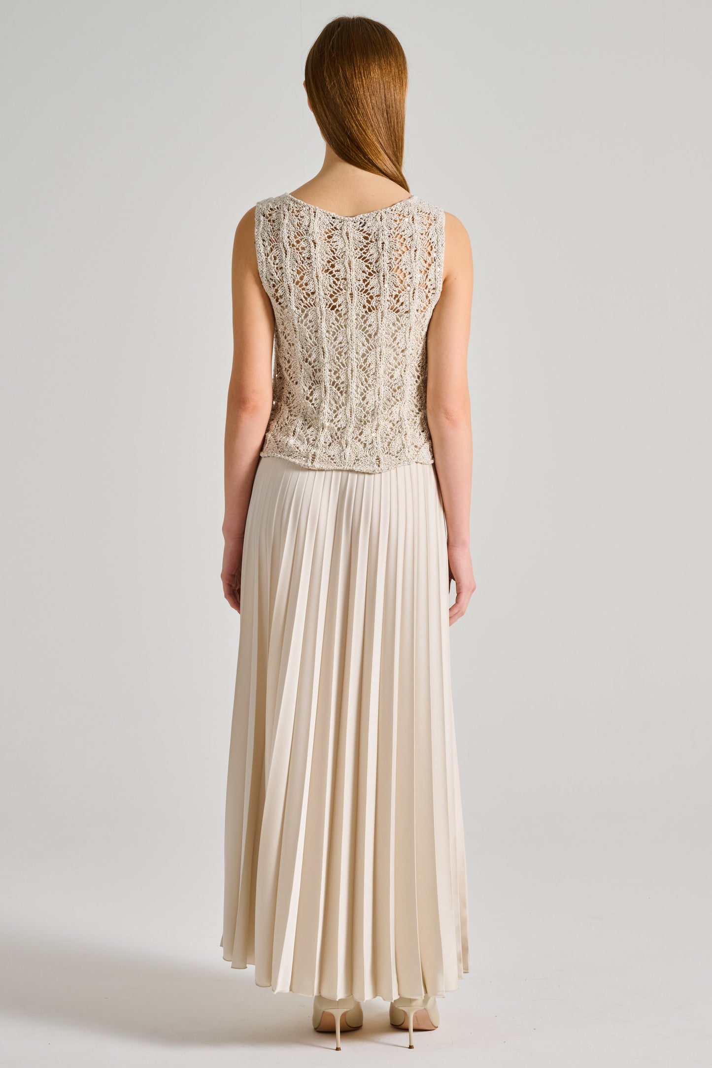  D.exterior Lace Dress With Crystal Pleats In Beige Beige Donna - 3