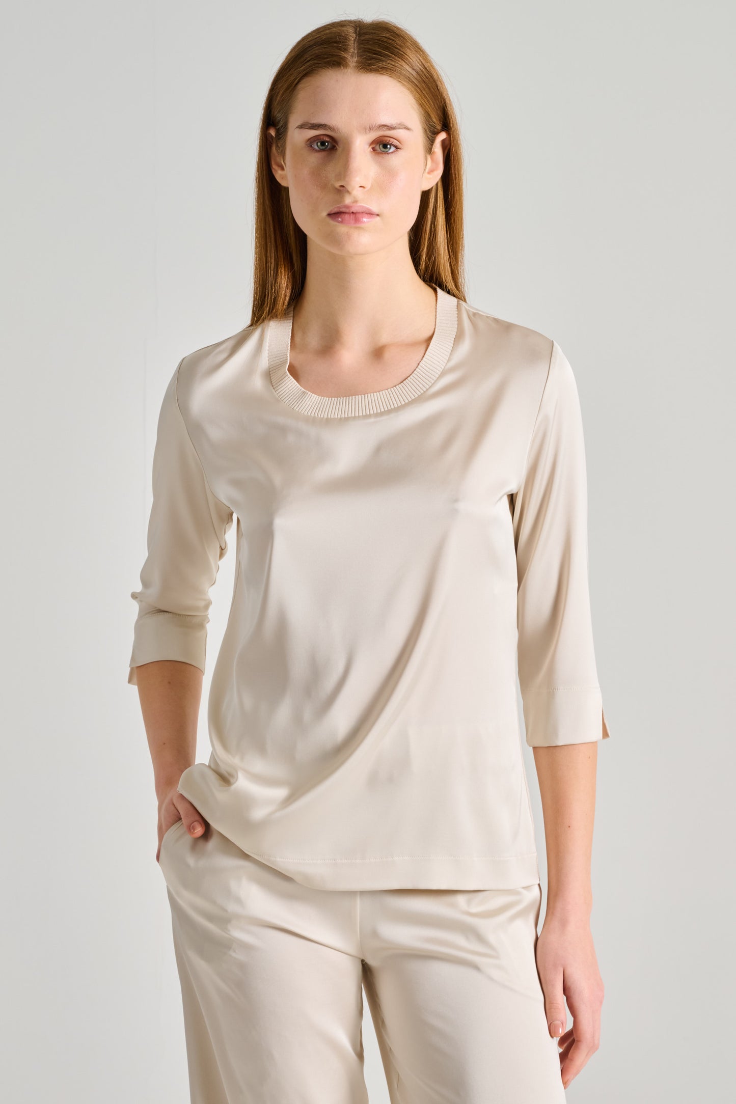  D.exterior Half Sleeve Fluid Satin Beige Top Beige Donna - 1