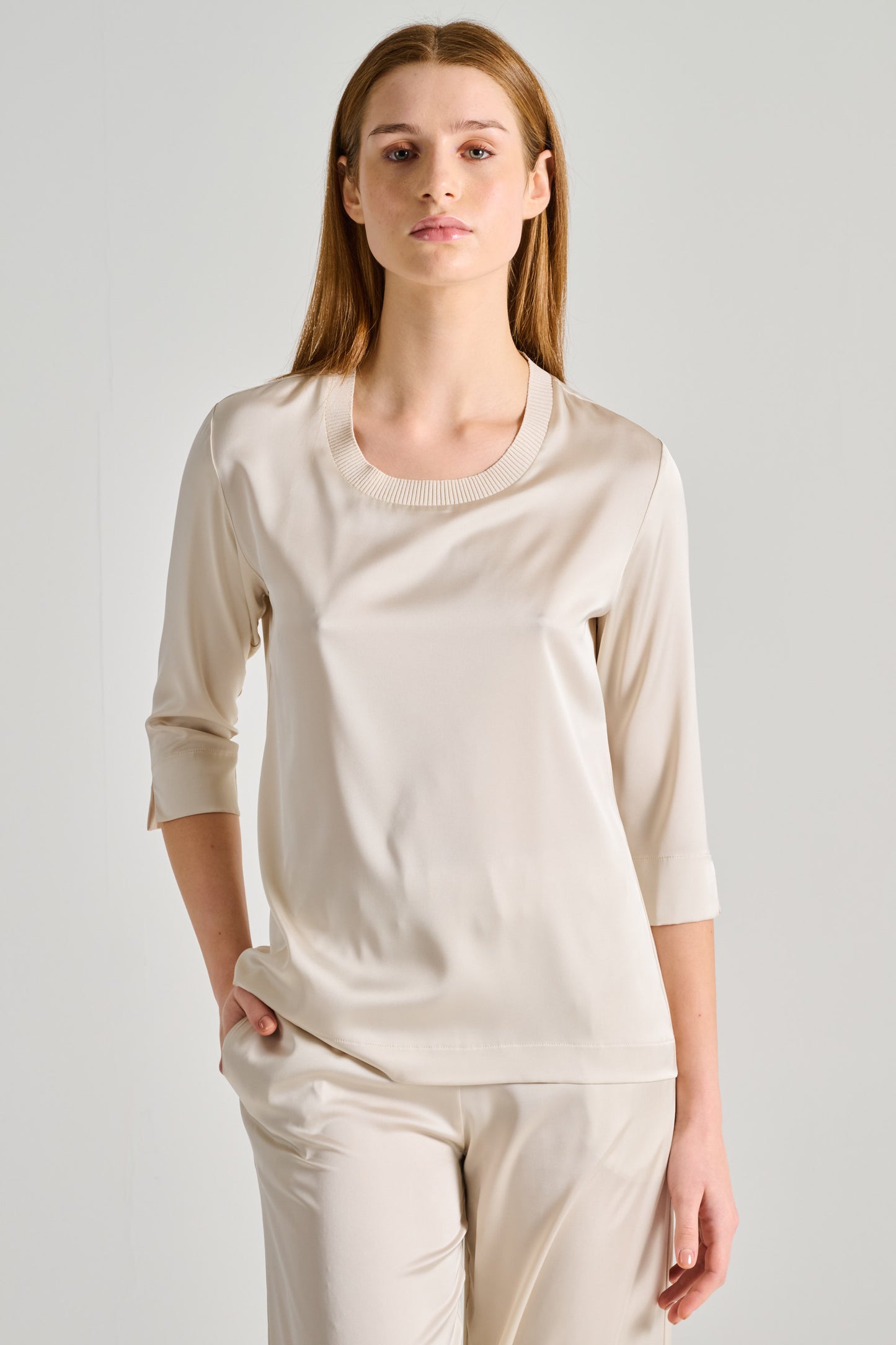  D.exterior Half Sleeve Fluid Satin Beige Top Beige Donna - 2