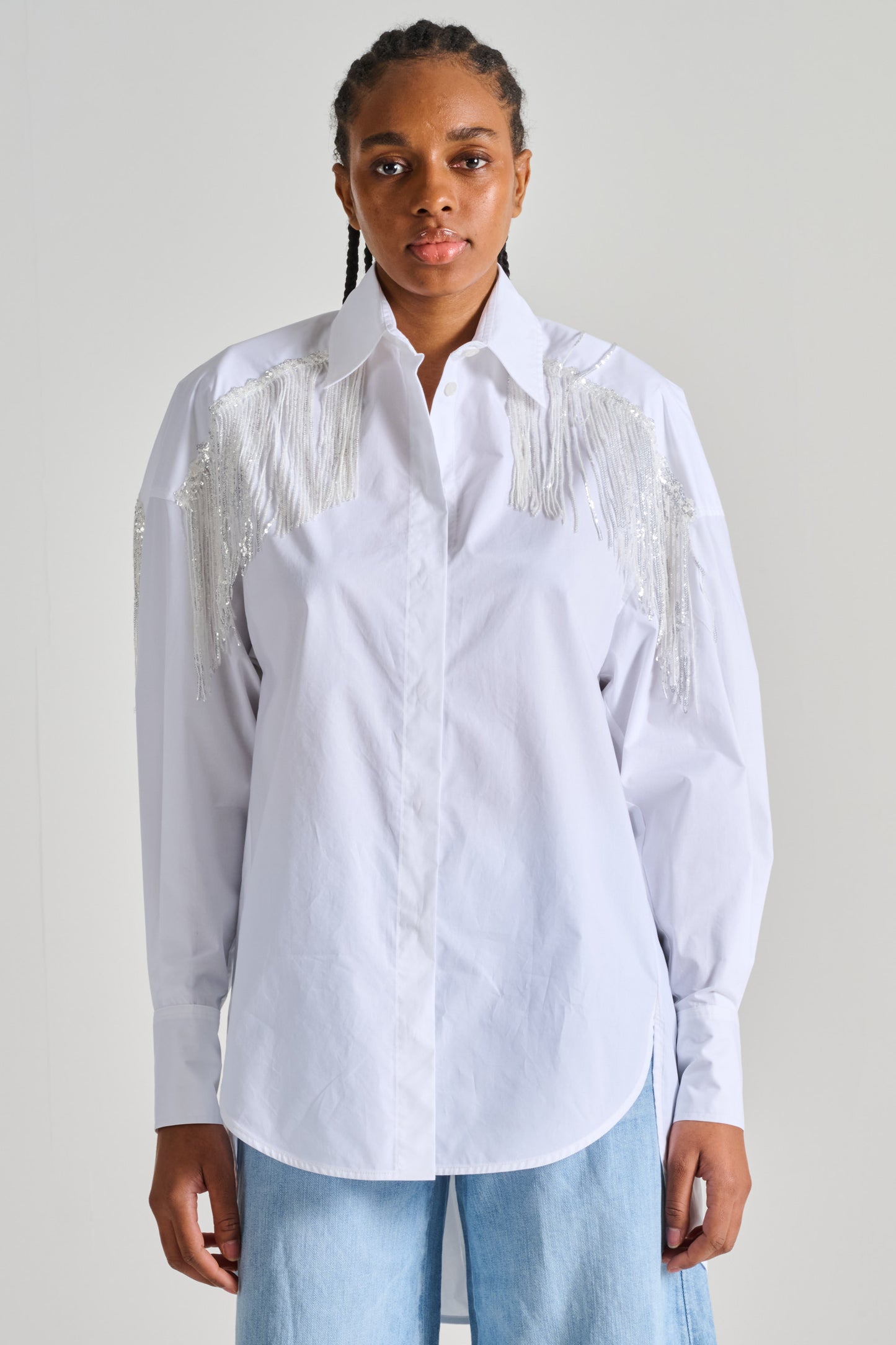  Dahlo Oversized Shirt With Sequins And White Fringe Bianco Donna - 1