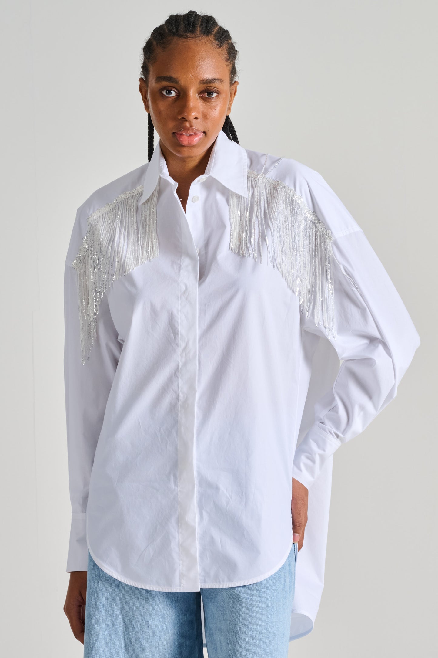  Dahlo Oversized Shirt With Sequins And White Fringe Bianco Donna - 2