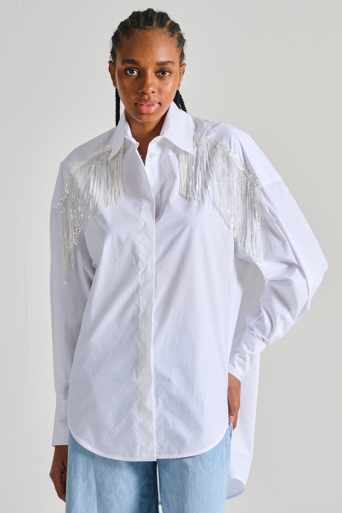 Dahlo Camicia Over con Paillettes e Frange Bianco-2