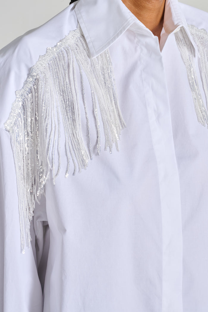  Dahlo Oversized Shirt With Sequins And White Fringe Bianco Donna - 6