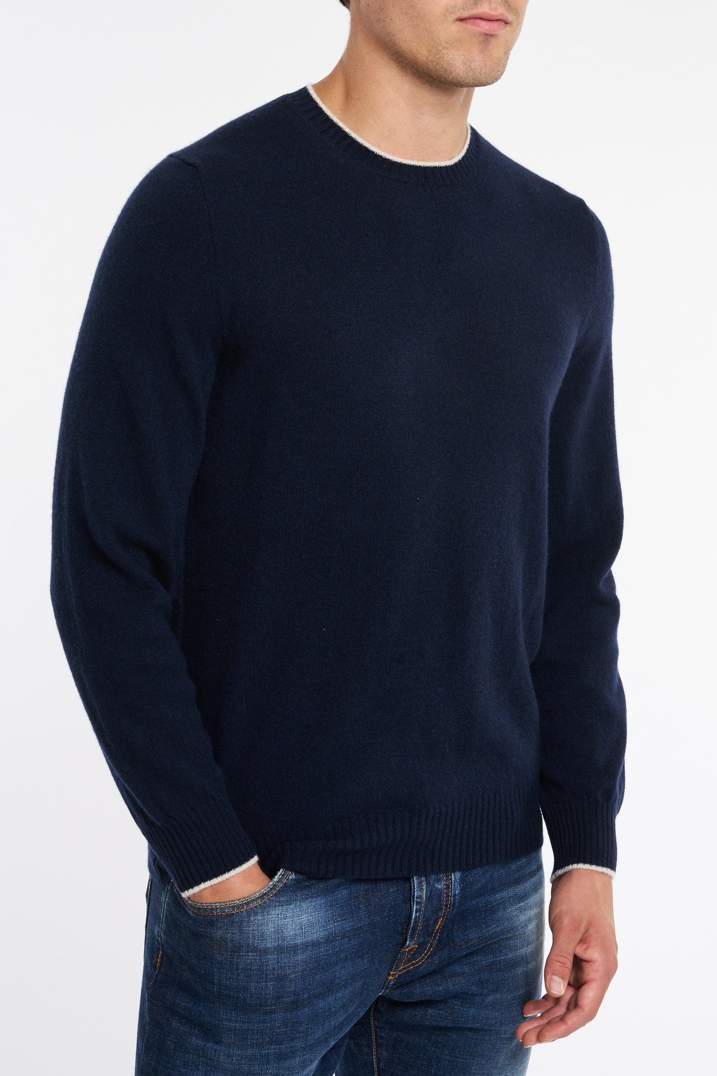  Fedeli Men's Persia Cashmere Bicolor Sweater Blue Blu Uomo - 3