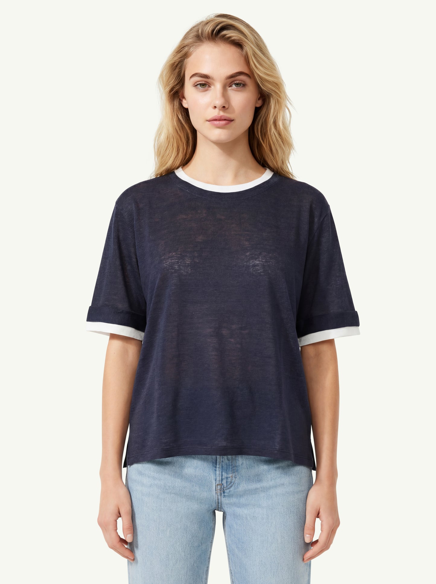  Purotatto Short Sleeves Blouse With Rib Knit Blu - 1