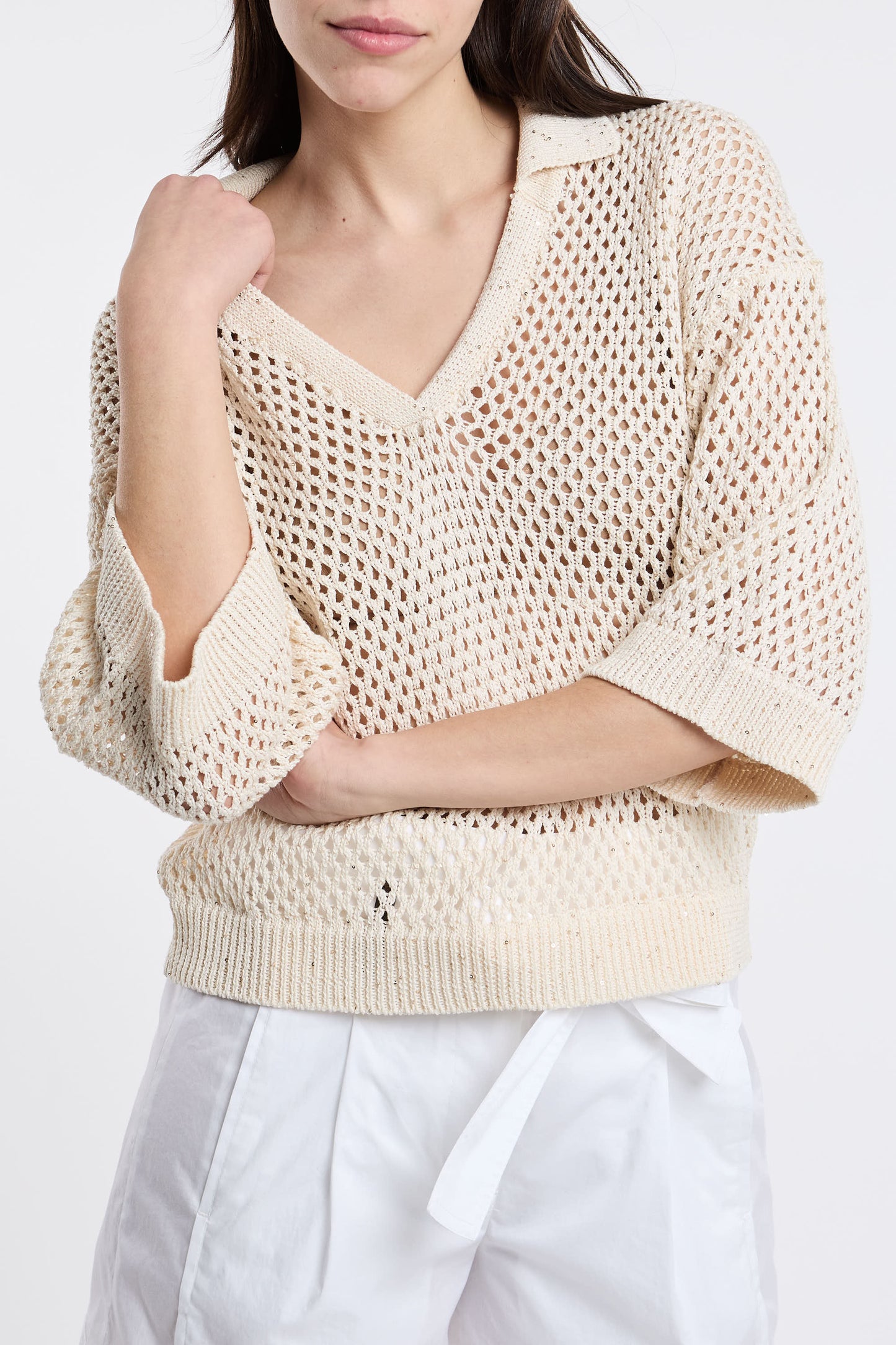  Peserico Cotton Sweater With Multicolor Sequins Beige Donna - 6