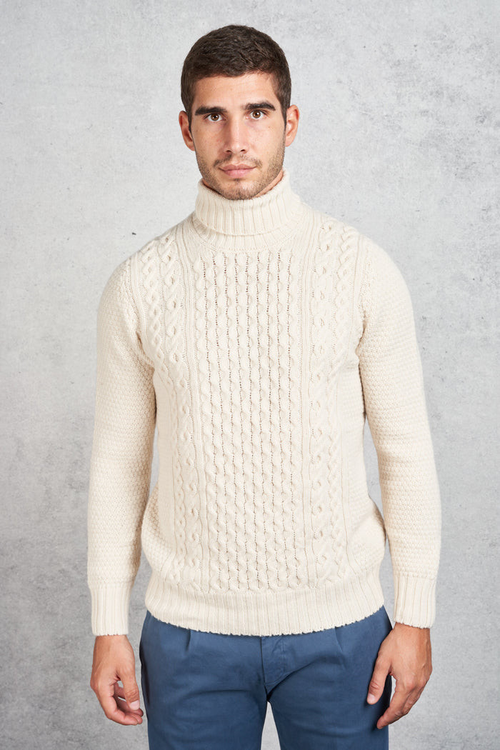 Drumohr Men's White Braided Turtleneck Sweater-2
